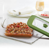 Borosil Square Dish with Green Lid | Microwave & Oven Safe | Transparent | 1 Pc