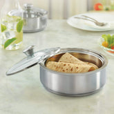 Borosil Servefresh Stainless Steel Insulated Roti Server with Glass Lid | Silver | 1 Pc