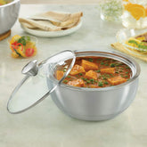 Borosil Servefresh Stainless Steel Insulated Curry Server with Glass Lid | Silver | 1 Pc