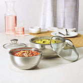 Borosil Servefresh Stainless Steel Insulated 500 ML + 900 ML Curry Server with Glass Lid | Silver | Set of 2 Pcs
