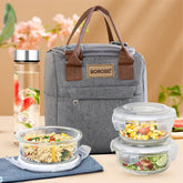 Borosil Glass Pro 3 Containers Lunch Box with Glass Bottle | Lunch Bag | Microwave Safe | Set of 4 Pcs