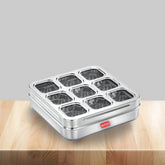 Avias Stainless Steel Spice Box with See-Through Lid | 9 Compartments and 1 Spoon | Silver