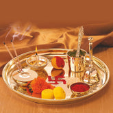 Borosil Brass Puja Thali Set | Aarti Thali for Mandir | Pooja Thali with Diya, Aggarbati Stand, Spoon, Glass, Bowl, and Bell | Decorative Puja Plate |Set of 7 Pcs
