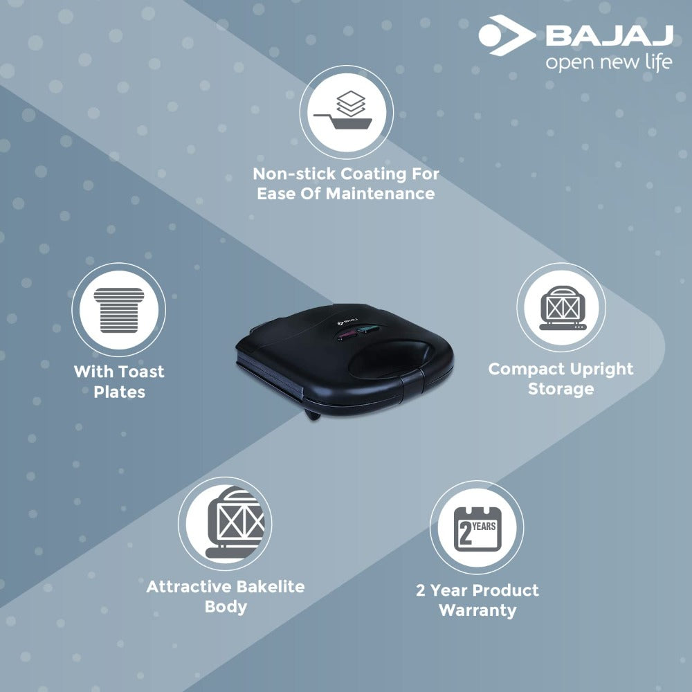 Bajaj SWX 3 Deluxe 800 Watt Sandwich Toaster | 2-Slice | Black