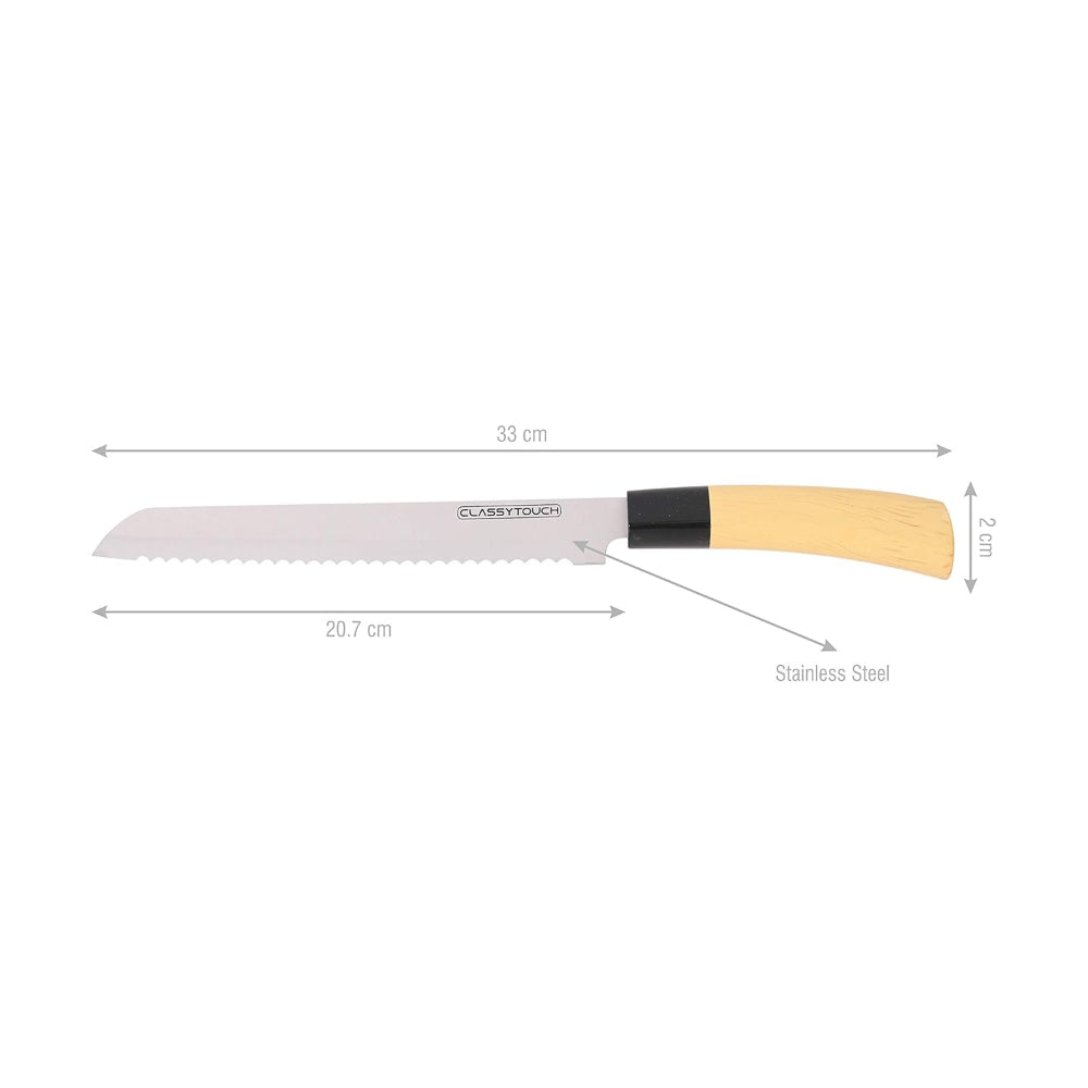 Classy Touch Stainless Steel Bread Knife with Wood Textured ABS Plastic Handle | Cream