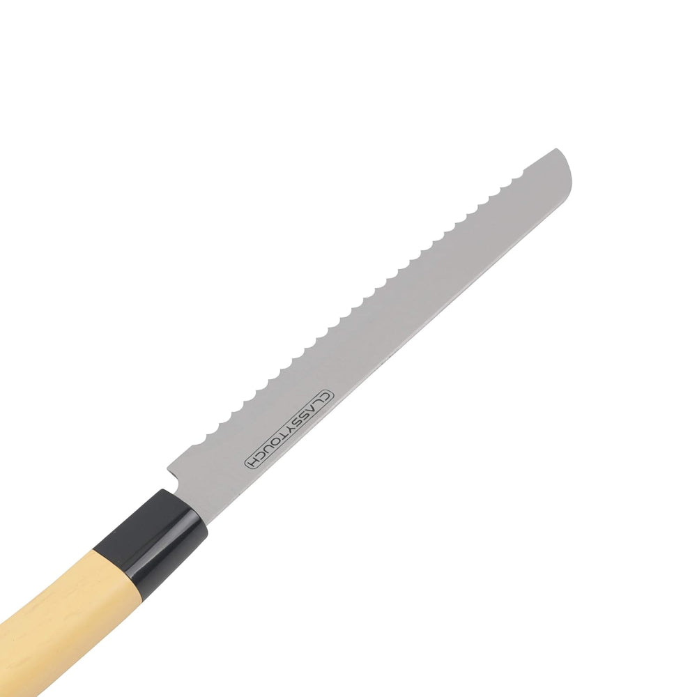 Classy Touch Stainless Steel Bread Knife with Wood Textured ABS Plastic Handle | Cream