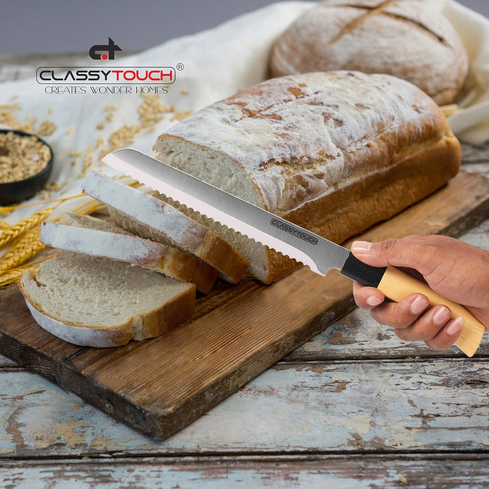 Classy Touch Stainless Steel Bread Knife with Wood Textured ABS Plastic Handle | Cream