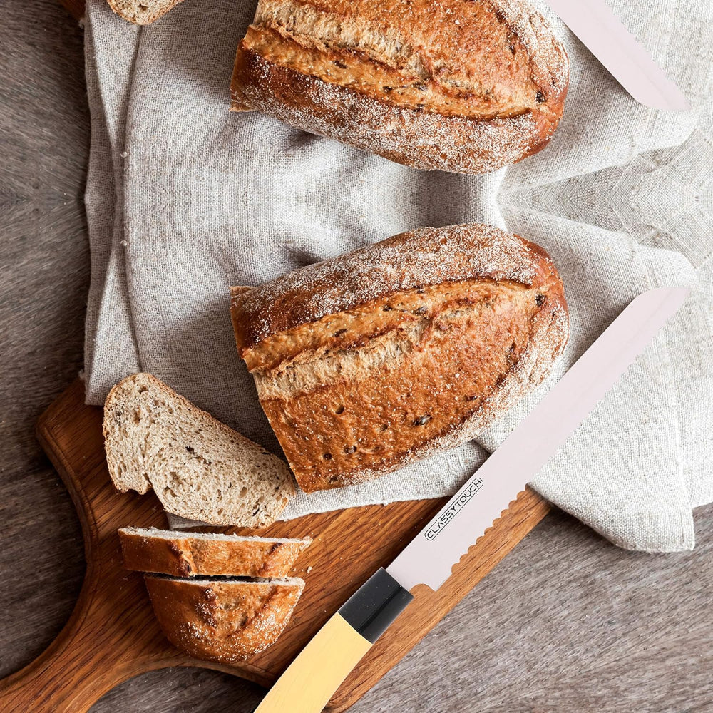 Classy Touch Stainless Steel Bread Knife with Wood Textured ABS Plastic Handle | Cream
