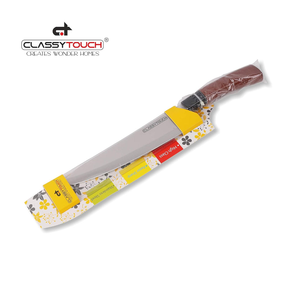 Classy Touch Stainless Steel Chef Knife with Wood Textured ABS Plastic Handle | Brown