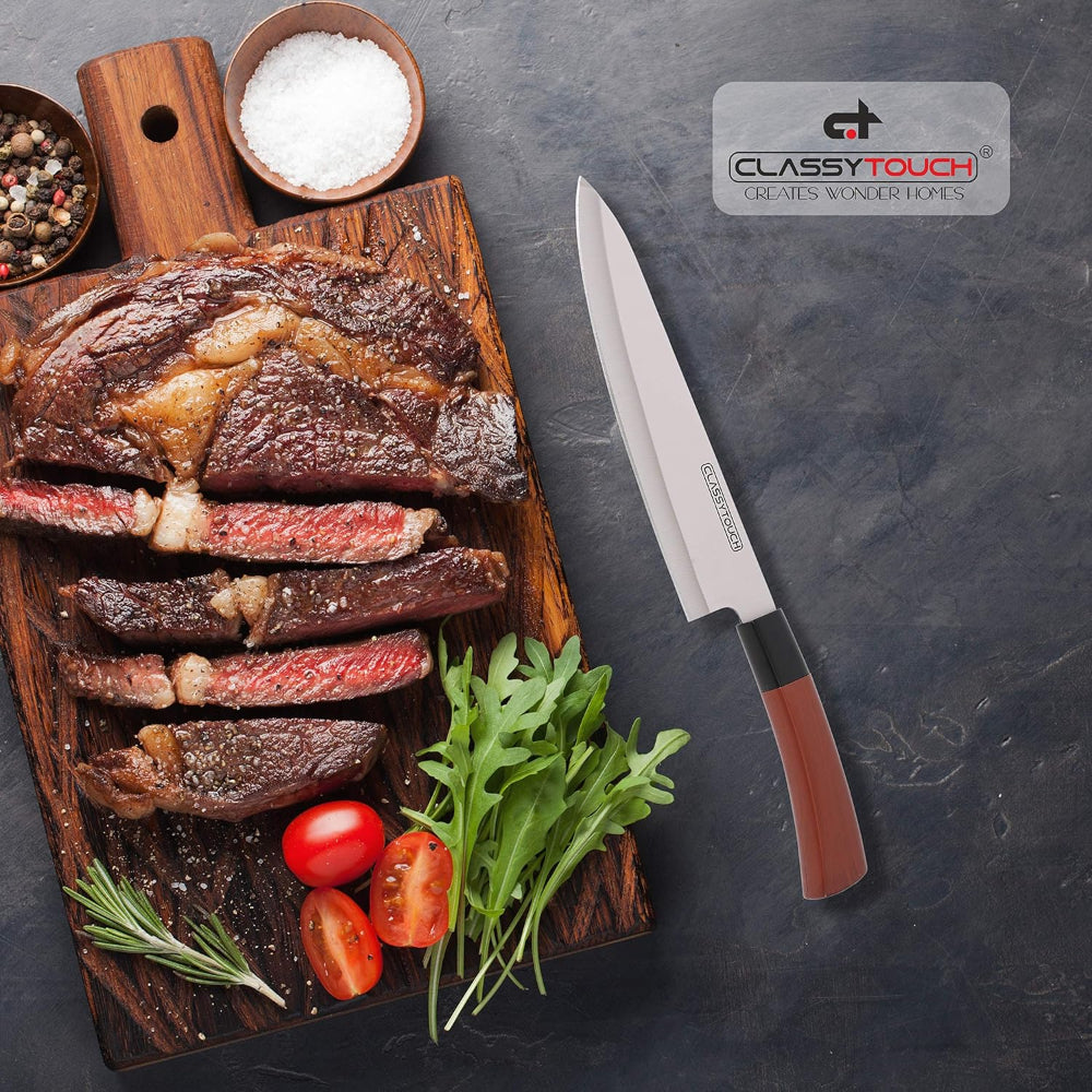 Classy Touch Stainless Steel Chef Knife with Wood Textured ABS Plastic Handle | Brown