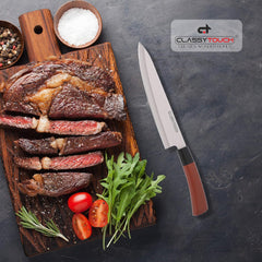Classy Touch Stainless Steel Chef Knife with Wood Textured ABS Plastic Handle | Brown