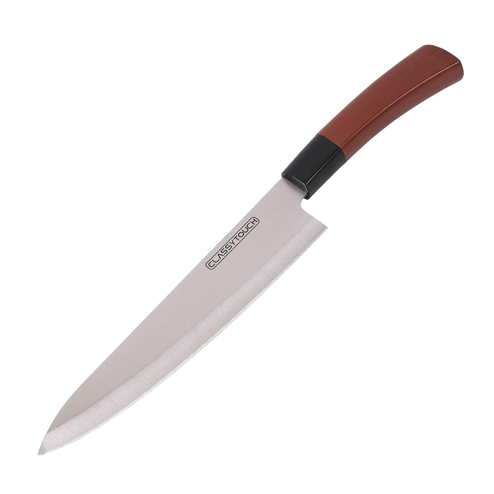 Classy Touch Stainless Steel Chef Knife with Wood Textured ABS Plastic Handle | Brown