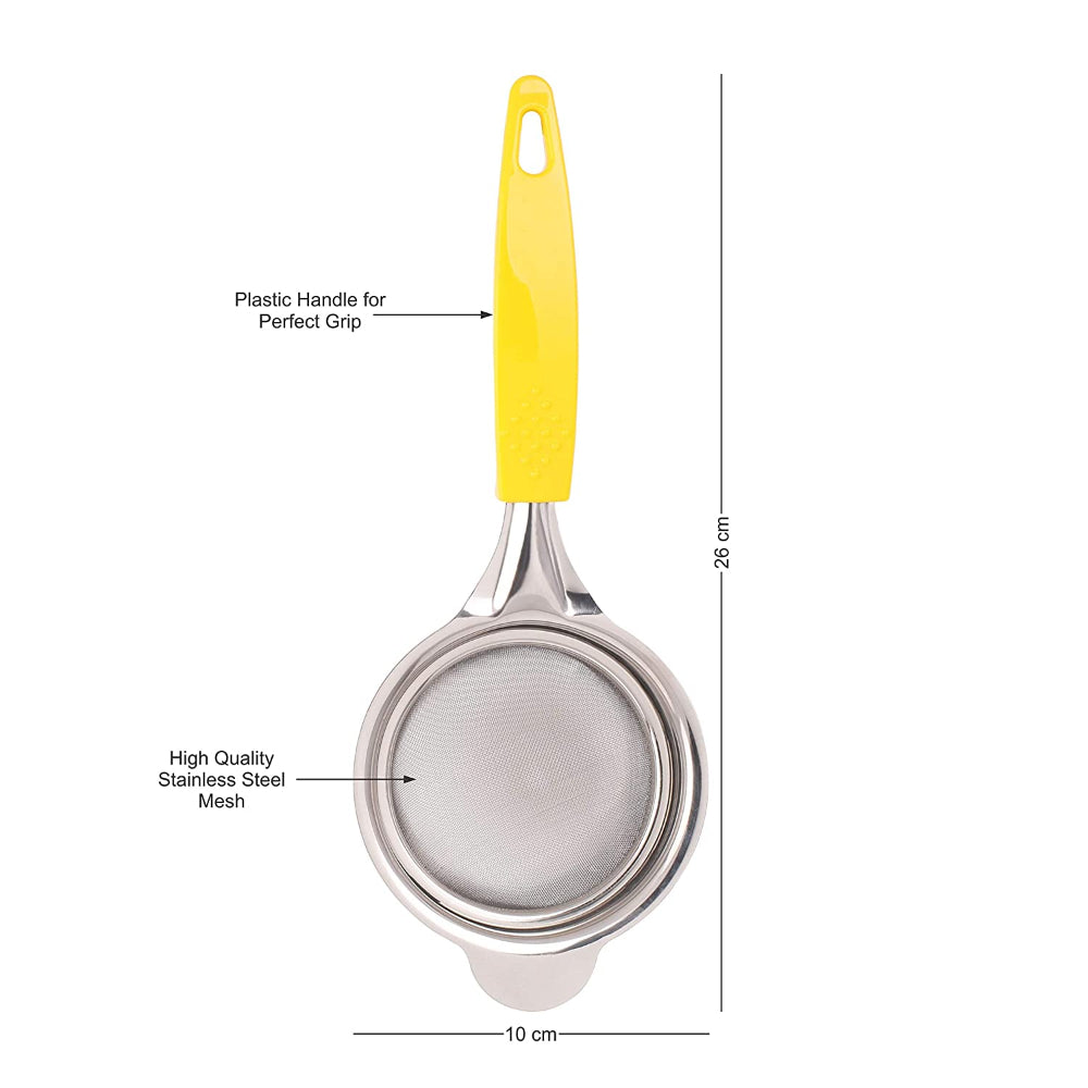 Classy Touch Fine Mesh Stainless Steel Tea Strainer with Non Slip Handle | Yellow & Silver