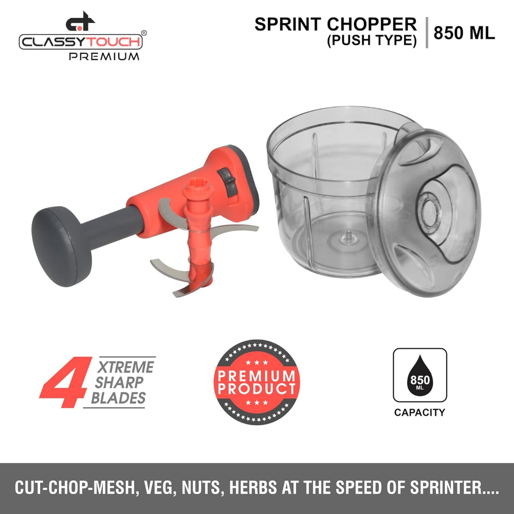 Classy Touch Manual Sprint 850 ML Hand-Press Food & Vegetable Chopper with Lock/Unlock System | Red & Black