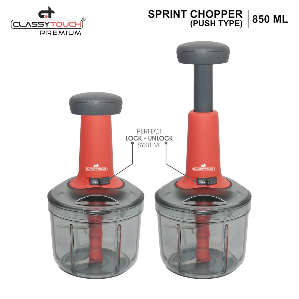 Classy Touch Manual Sprint 850 ML Hand-Press Food & Vegetable Chopper with Lock/Unlock System | Red & Black