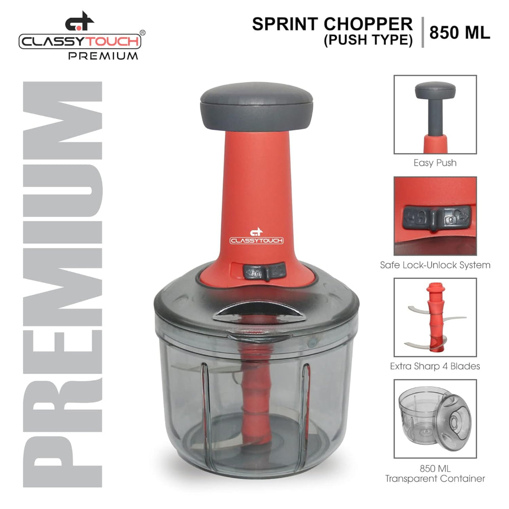Classy Touch Manual Sprint 850 ML Hand-Press Food & Vegetable Chopper with Lock/Unlock System | Red & Black