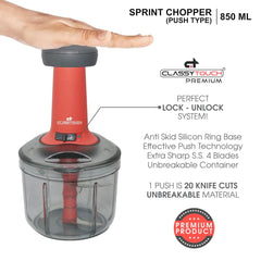 Classy Touch Manual Sprint 850 ML Hand-Press Food & Vegetable Chopper with Lock/Unlock System | Red & Black