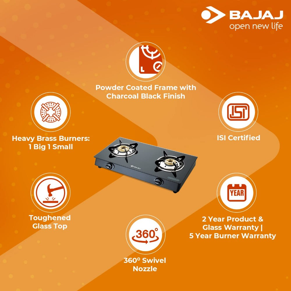 Bajaj GP6 2 Burner Glass Top Gas Stove - 2BRGP6 | Manual | Black