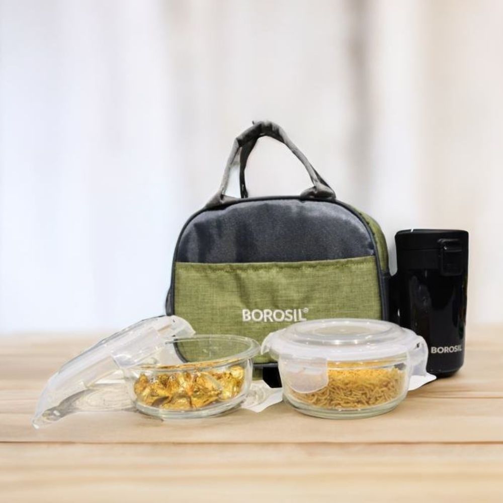 Borosil Metro 2 Containers Lunch Box with Coffeemate Travel Mug | Lunch Bag | Microwave Safe | Set of 4 Pcs