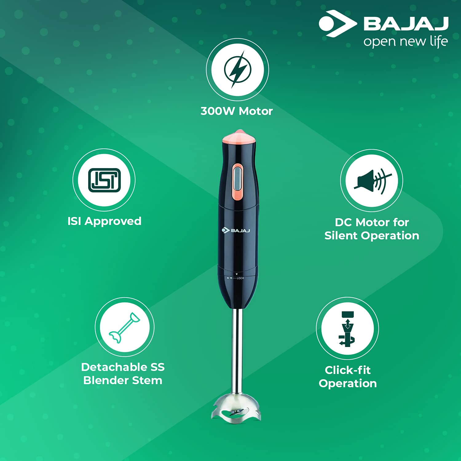 Bajaj HB 21 300 Watts Hand Blender | Silent DC Motor | Black