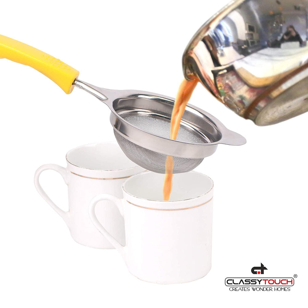 Classy Touch Fine Mesh Stainless Steel Tea Strainer with Non Slip Handle | Yellow & Silver