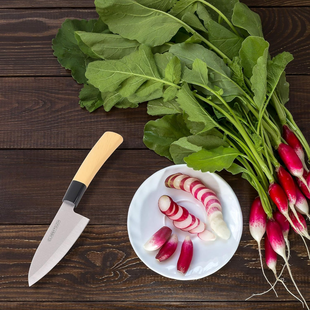 Classy Touch Stainless Steel 23 CM Chef Knife with Wood Textured ABS Plastic Handle | Cream