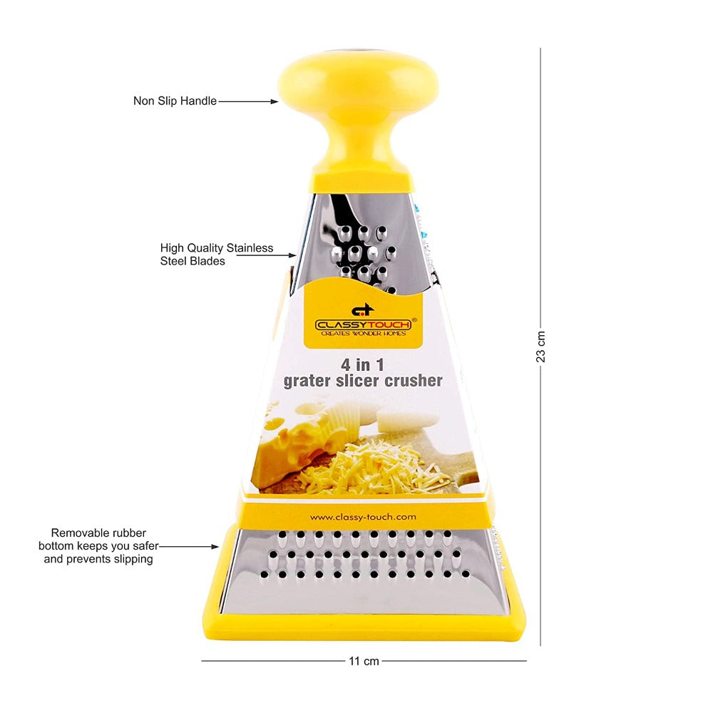 Classy Touch Stainless Steel Unique 4 in 1 Grater/Slicer - CT372 | Yellow & Silver