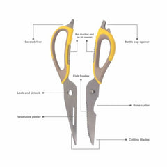 Classy Touch Professional Multifunctional Kitchen Scissor - CT402 | Grey & Yellow