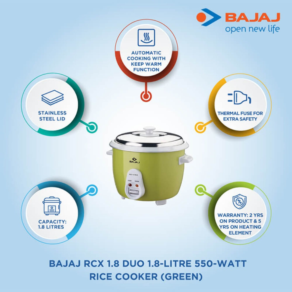 Bajaj RCX 1.8 Duo Double Bowl 1.8 Litre Rice Cooker | Lime Green
