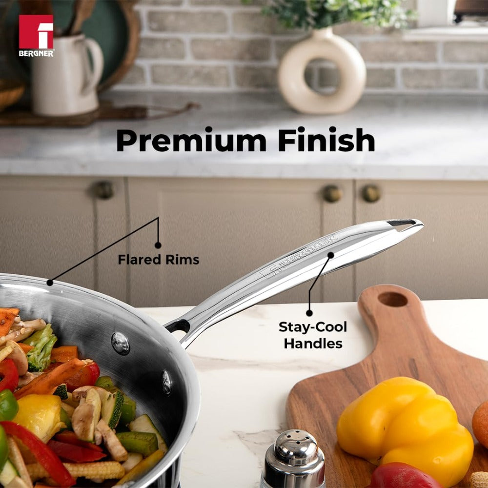 Bergner Argent Tri-Ply 22 cm Sautepan with Stainless Steel Lid | Gas & Induction Compatible | Silver