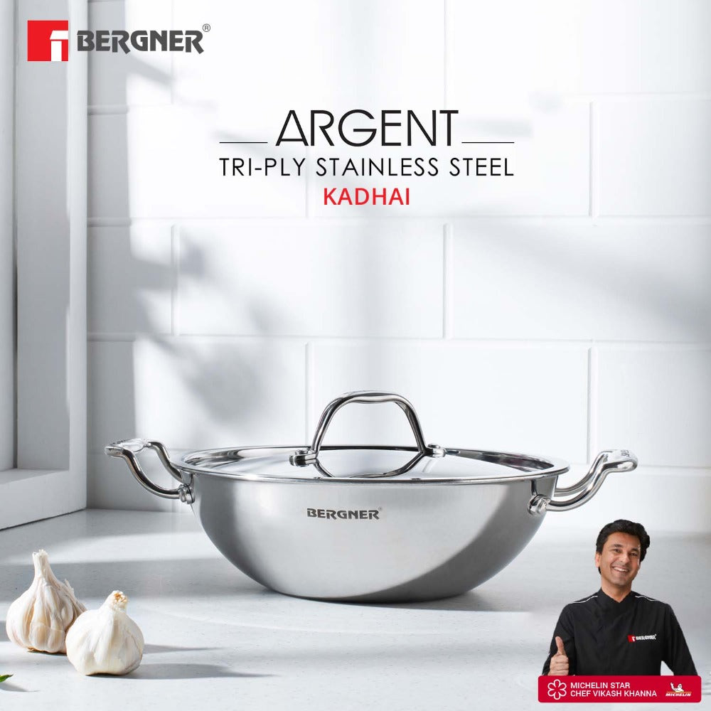 Bergner Argent Tri-Ply Kadhai with Lid | Gas & Induction Compatible | Silver