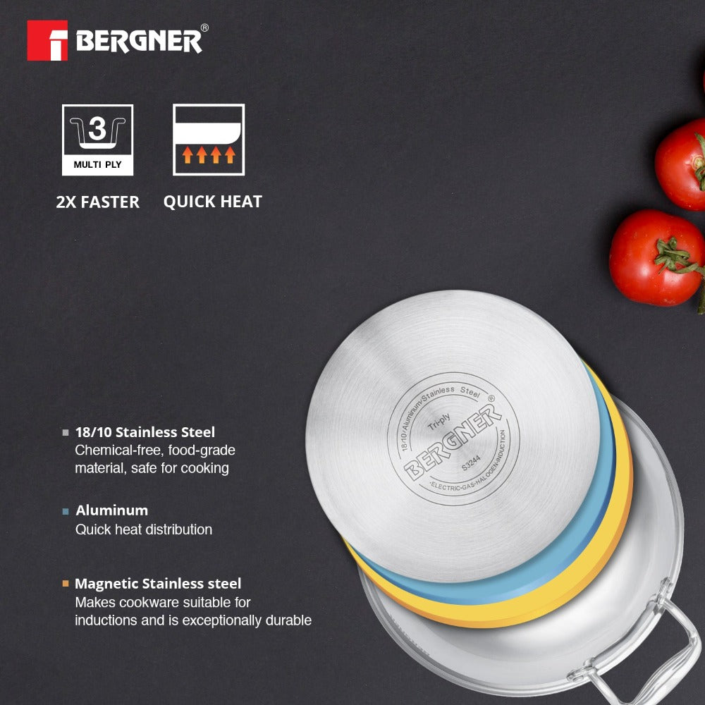 Bergner Argent Tri-Ply Kadhai with Lid | Gas & Induction Compatible | Silver