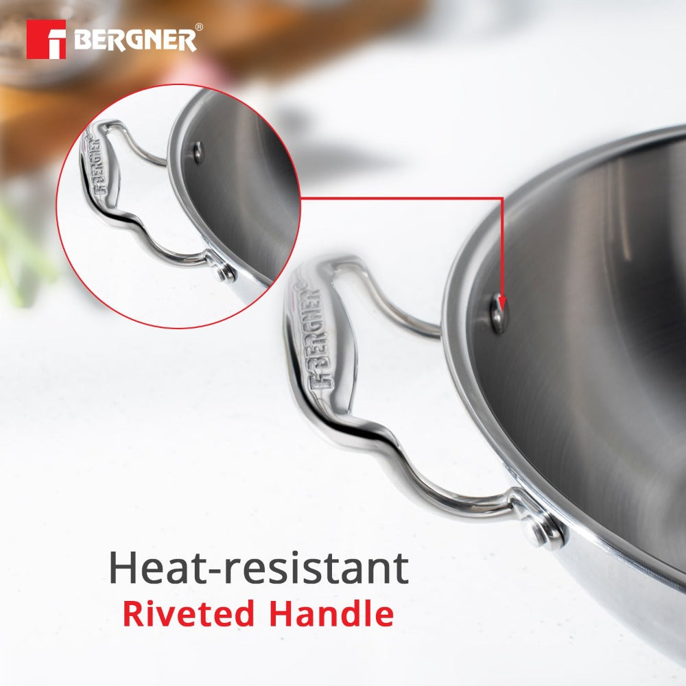 Bergner Argent Tri-Ply Kadhai with Lid | Gas & Induction Compatible | Silver