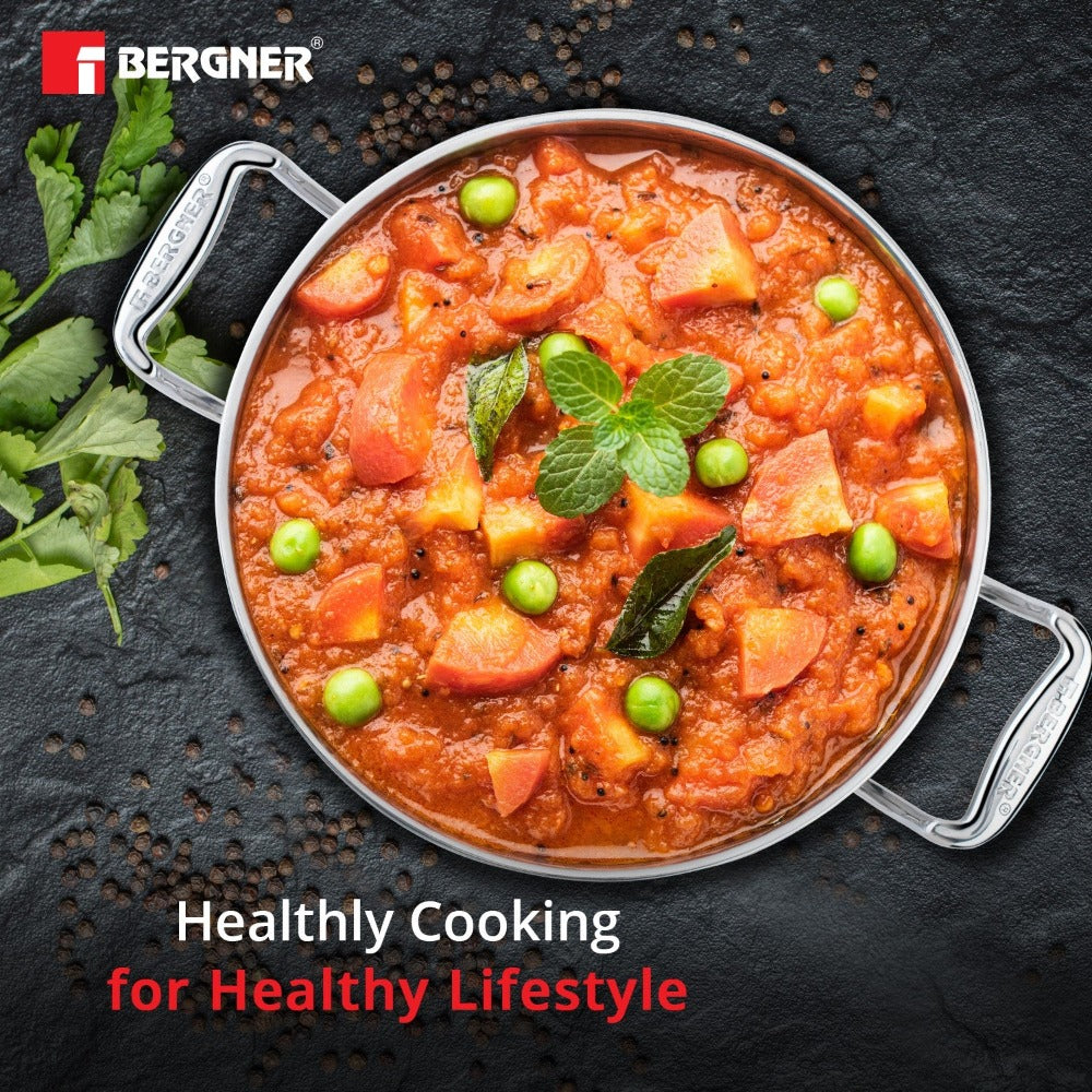 Bergner Argent Tri-Ply Kadhai with Lid | Gas & Induction Compatible | Silver
