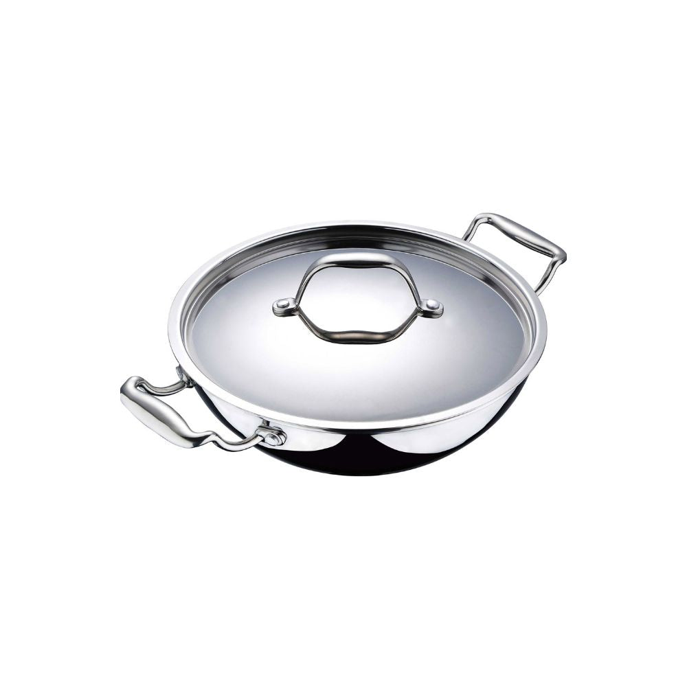 Bergner Argent Tri-Ply Kadhai with Lid | Gas & Induction Compatible | Silver