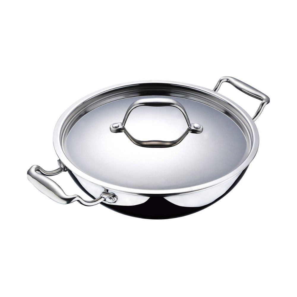 Bergner Argent Tri-Ply Kadhai with Lid | Gas & Induction Compatible | Silver