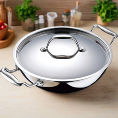 Bergner Argent Tri-Ply Kadhai with Lid | Gas & Induction Compatible | Silver