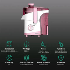 Bajaj JX 30 500 Watt Juicer Mixer Grinder with 3 Jars | White & Pink