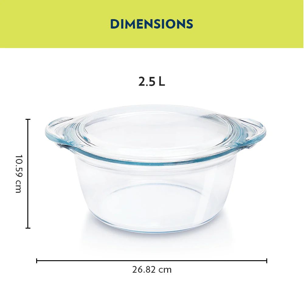 Borosil Deep Round Casserole with Lid | Microwave Safe & Oven Safe | Transparent | 1 Pc