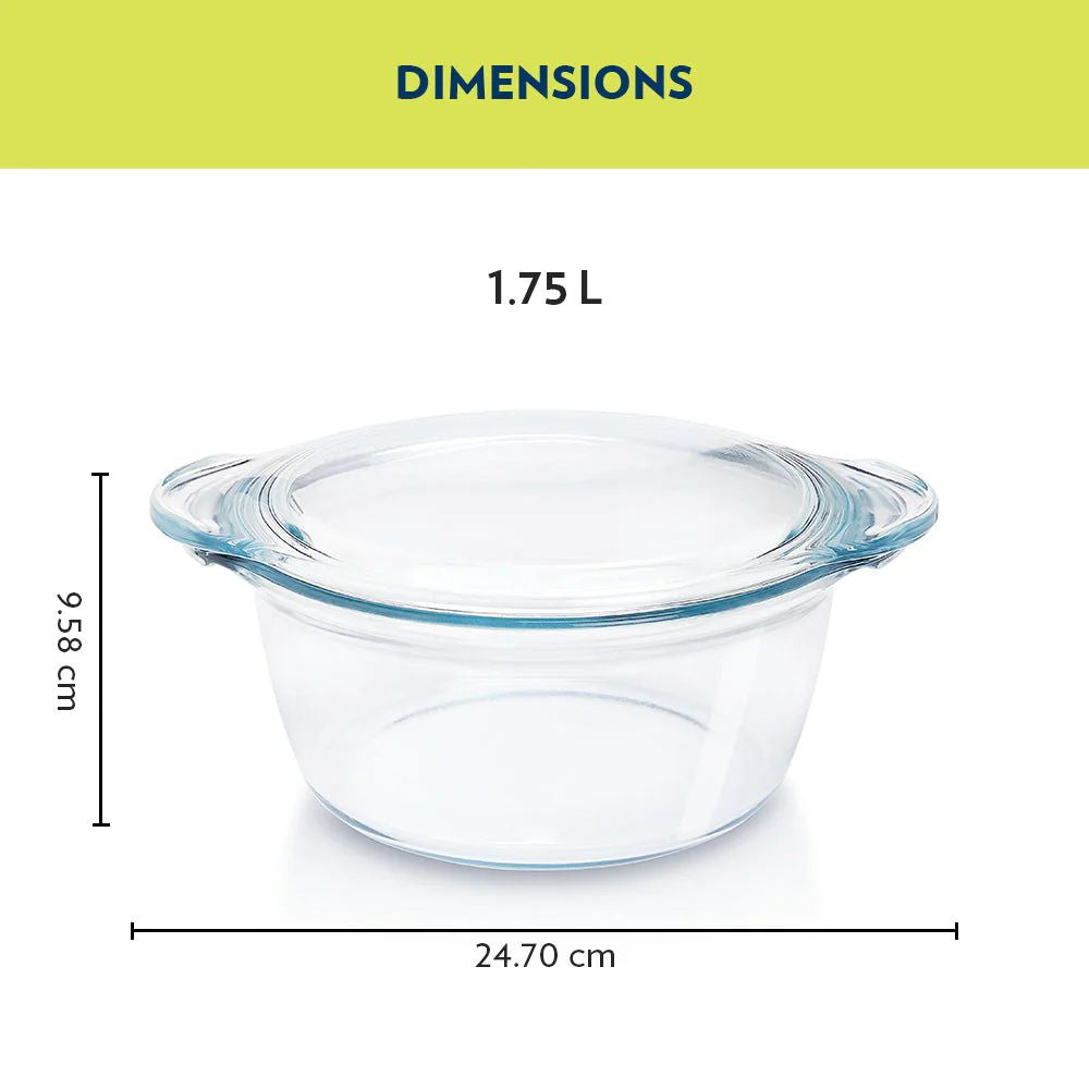 Borosil Deep Round Casserole with Lid | Microwave Safe & Oven Safe | Transparent | 1 Pc