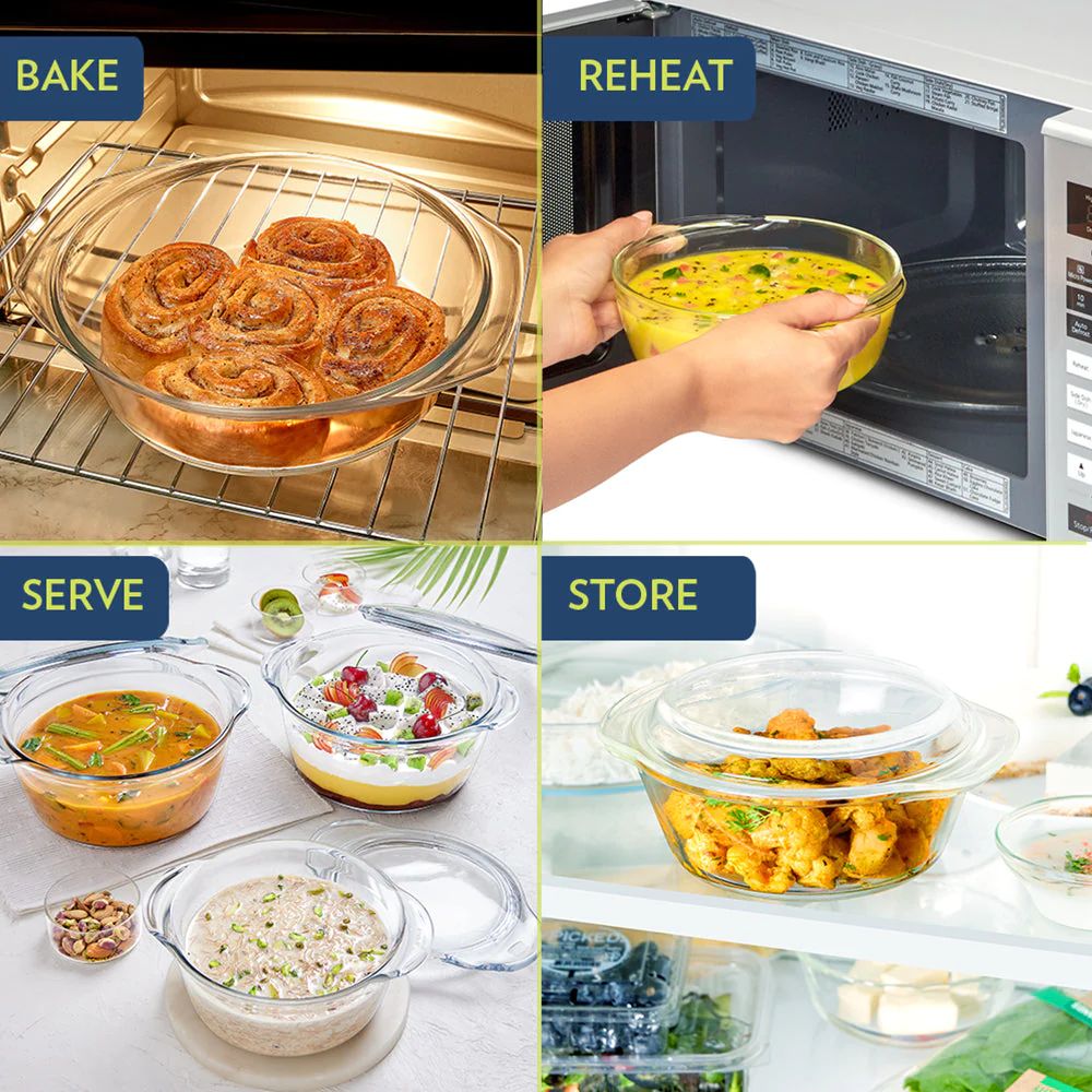 Borosil Deep Round Casserole with Lid | Microwave Safe & Oven Safe | Transparent | 1 Pc