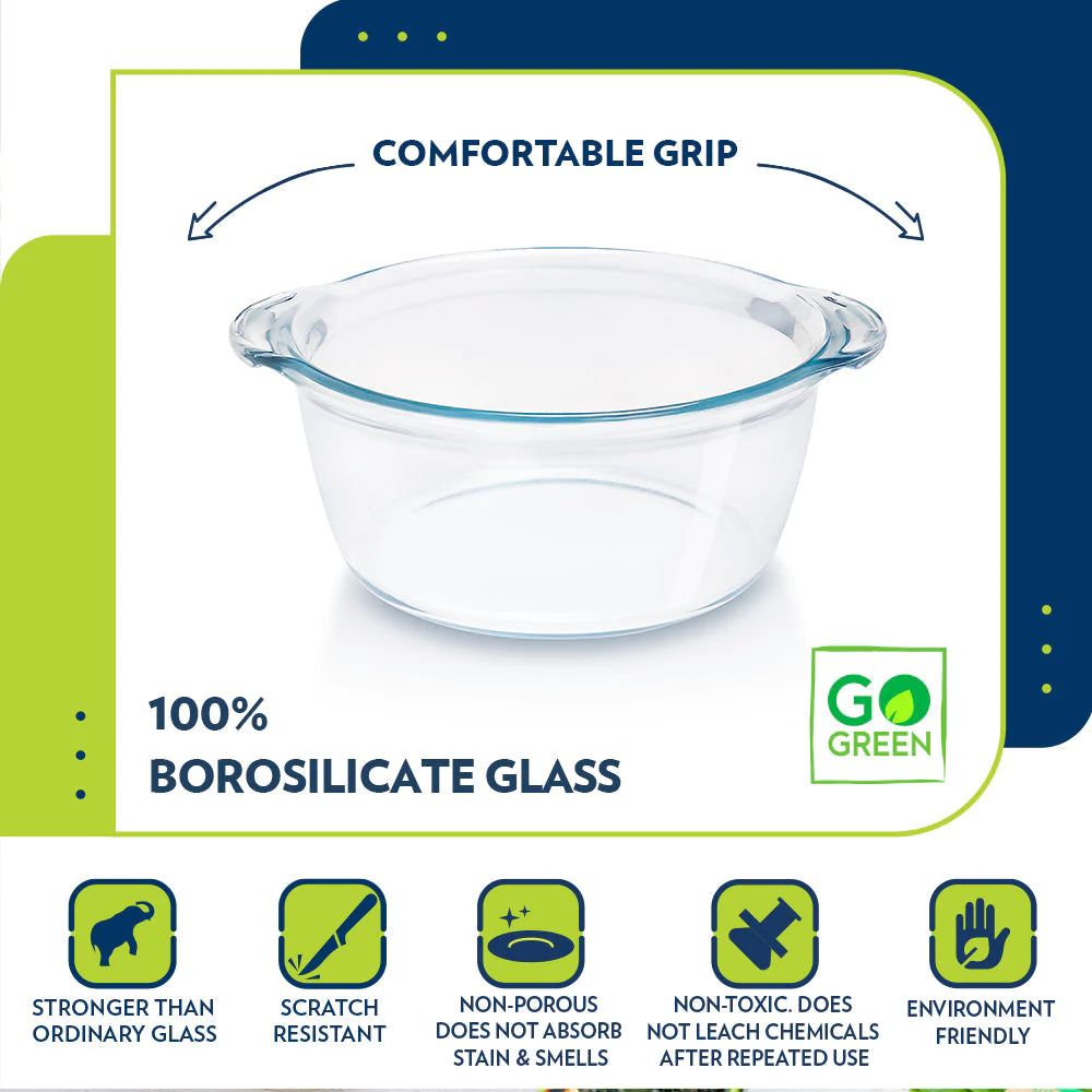 Borosil Deep Round Casserole with Lid | Microwave Safe & Oven Safe | Transparent | 1 Pc