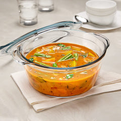Borosil Deep Round Casserole with Lid | Microwave Safe & Oven Safe | Transparent | 1 Pc