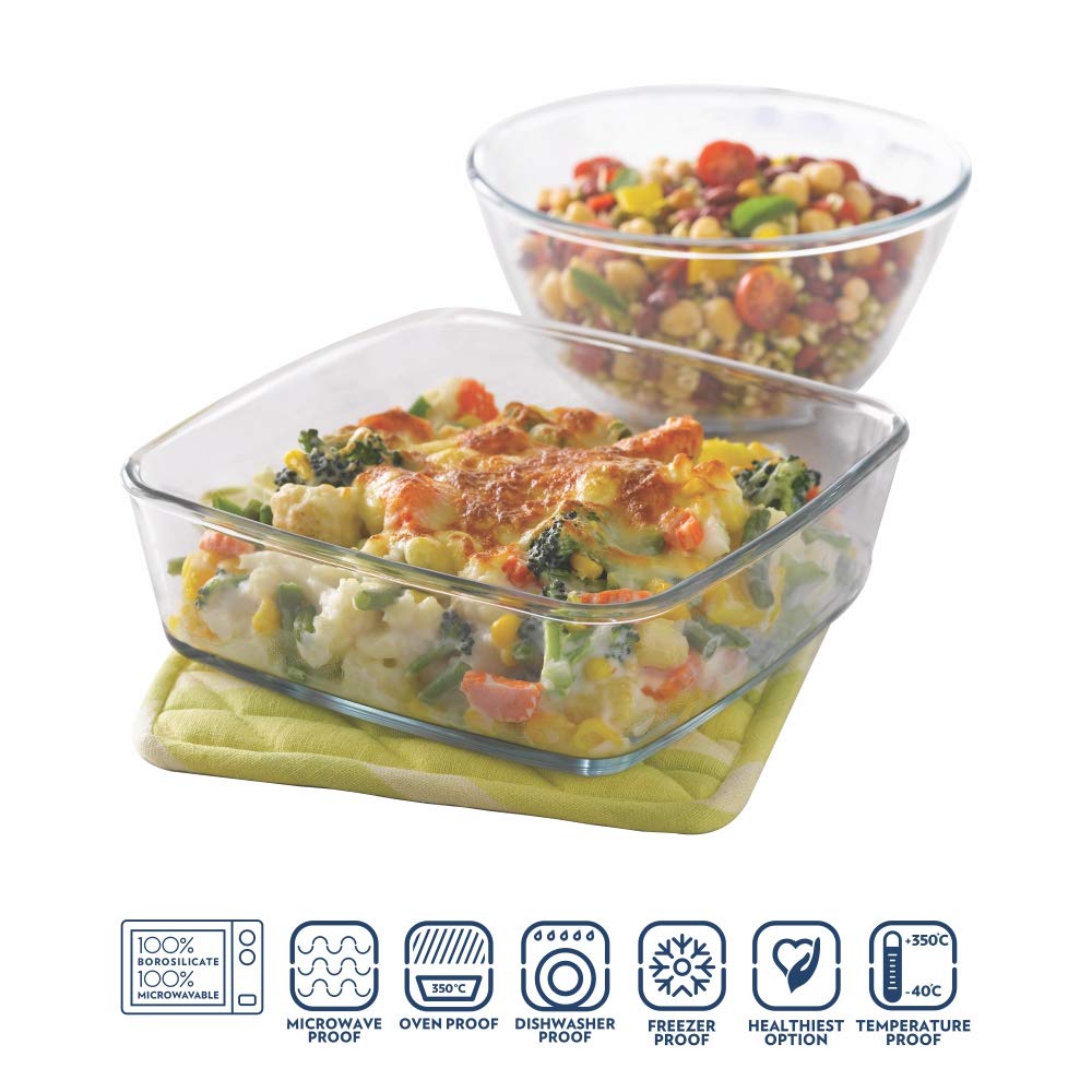 Borosil Serving Set - 1300 ML Mixing Bowl + 800 ML Square Baking Dish with Lid | Transparent | Set of 2 Pcs