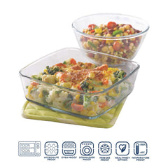 Borosil Serving Set - 1300 ML Mixing Bowl + 800 ML Square Baking Dish with Lid | Transparent | Set of 2 Pcs