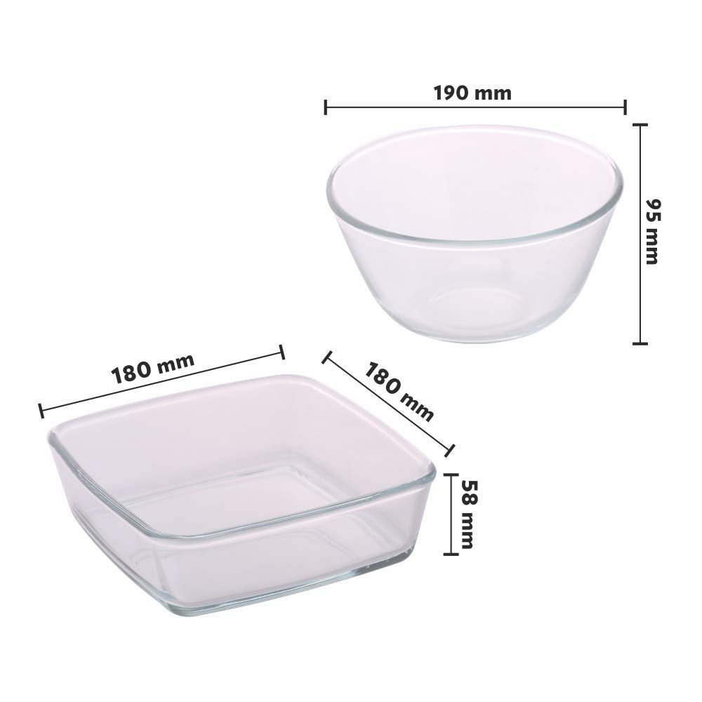 Borosil Serving Set - 1300 ML Mixing Bowl + 800 ML Square Baking Dish with Lid | Transparent | Set of 2 Pcs