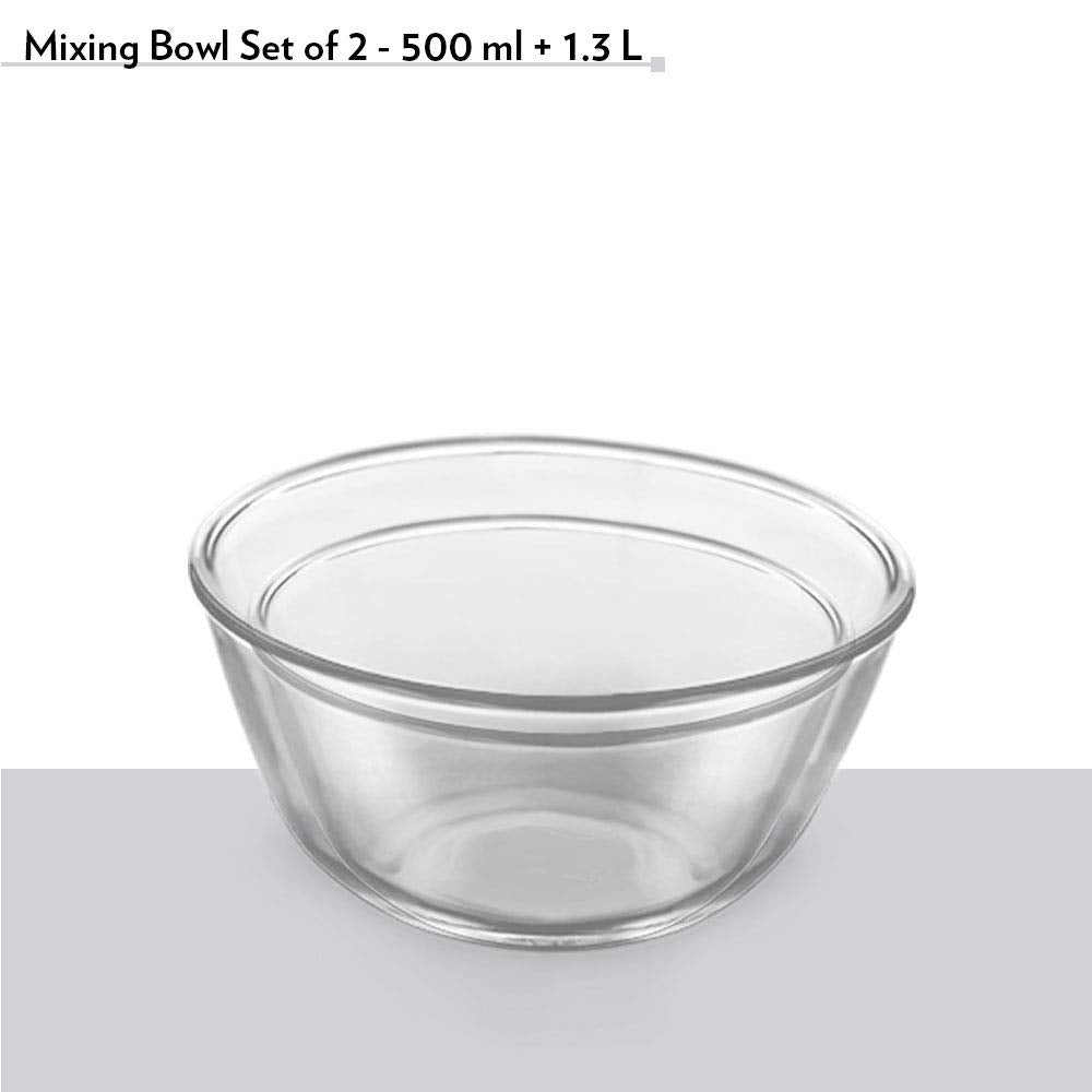Borosil 500 ML + 1300 ML Mixing & Serving Bowl Set | Transparent | Set of 2 Pcs
