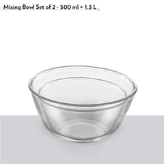 Borosil 500 ML + 1300 ML Mixing & Serving Bowl Set | Transparent | Set of 2 Pcs