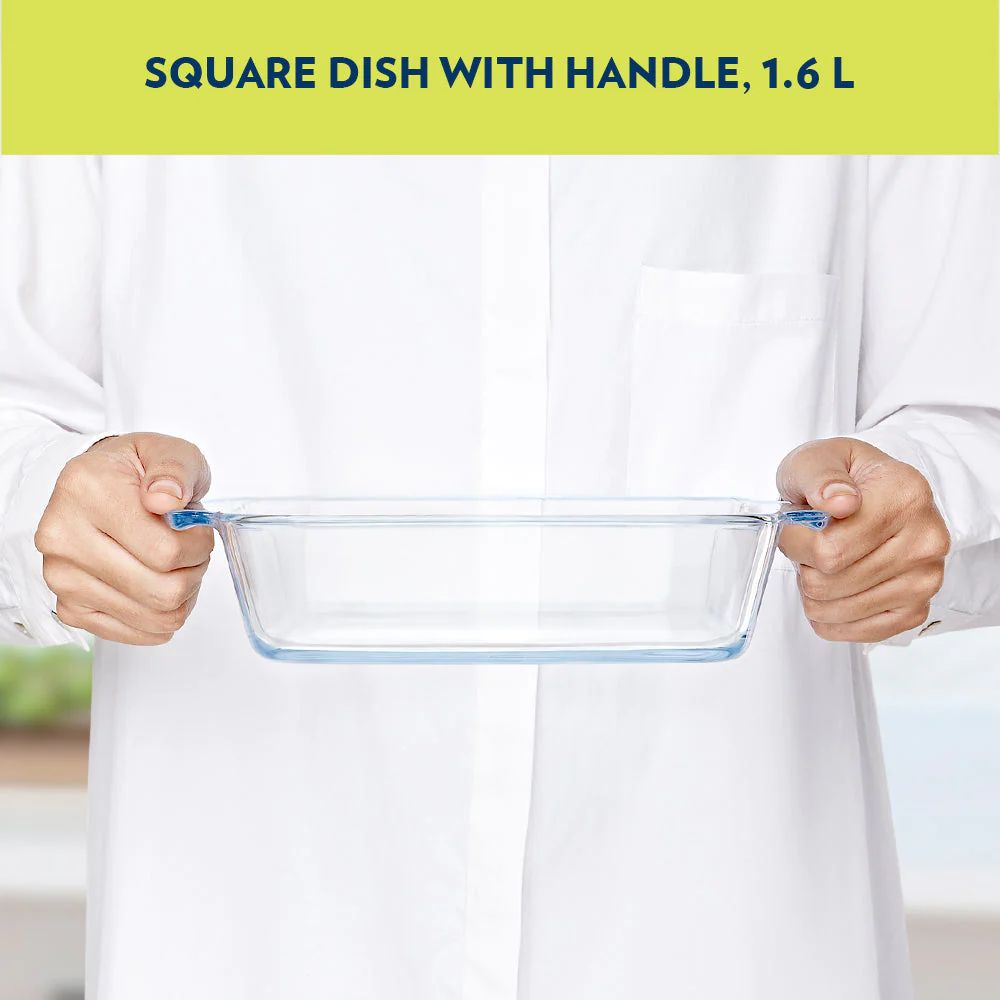 Borosil Square Baking Dish with Handle | Microwave & Oven Safe | Transparent | 1 Pc