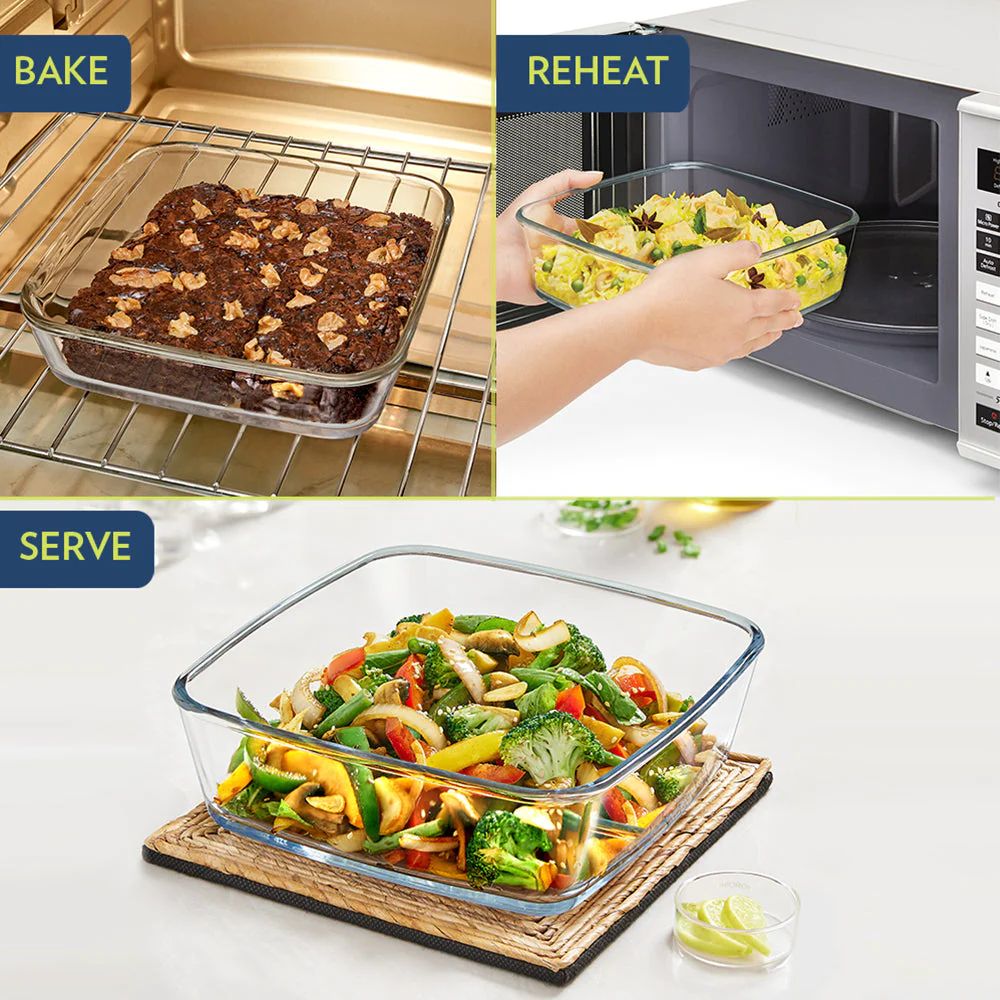 Borosil Square 1600 ML Baking Dish | Microwave & Oven Safe | Transparent | 1 Pc